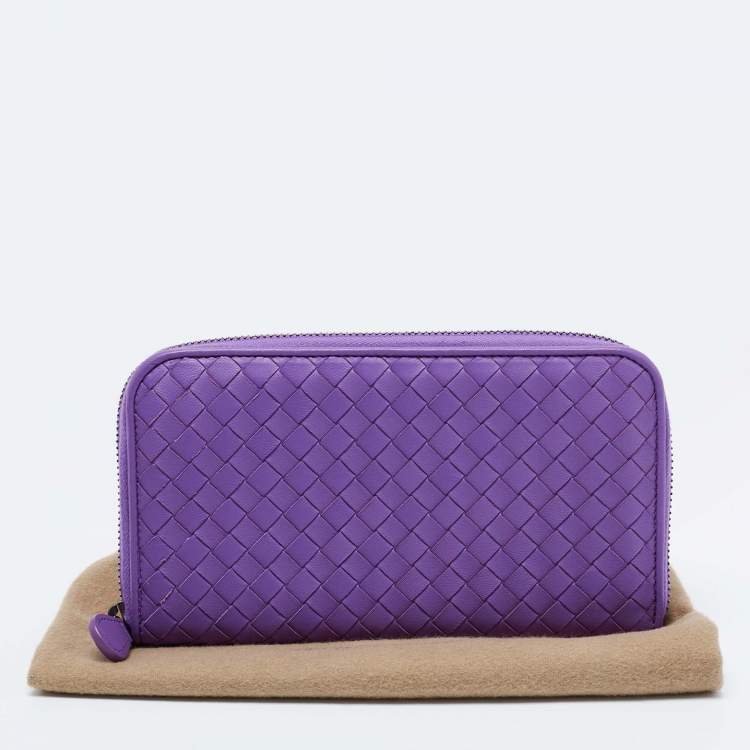 Pre Owned Bottega Veneta Purple Intrecciato Leather Zip Around Wallet