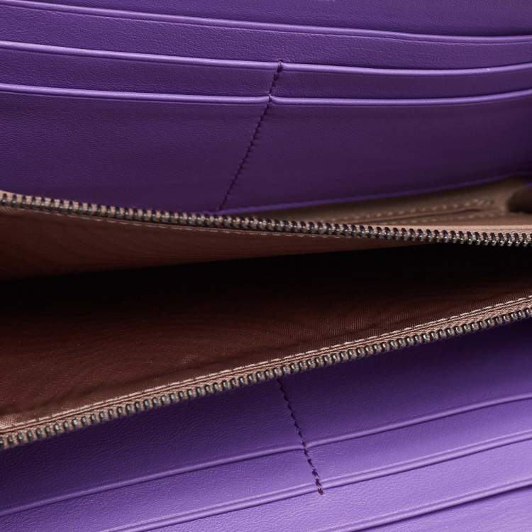 Pre Owned Bottega Veneta Purple Intrecciato Leather Zip Around Wallet