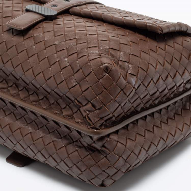 Pre Owned Bottega Veneta Brown Leather Intrecciato Double Sided Flap Shoulder Bag
