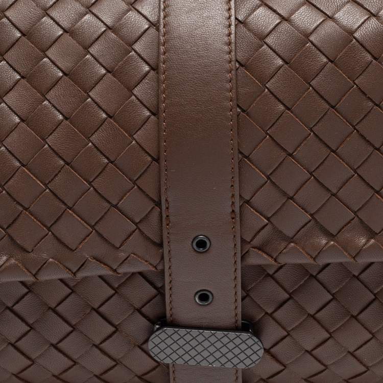 Pre Owned Bottega Veneta Brown Leather Intrecciato Double Sided Flap Shoulder Bag