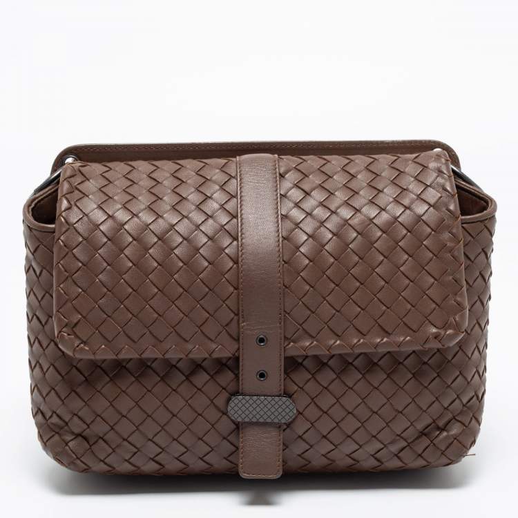 Pre Owned Bottega Veneta Brown Leather Intrecciato Double Sided Flap Shoulder Bag