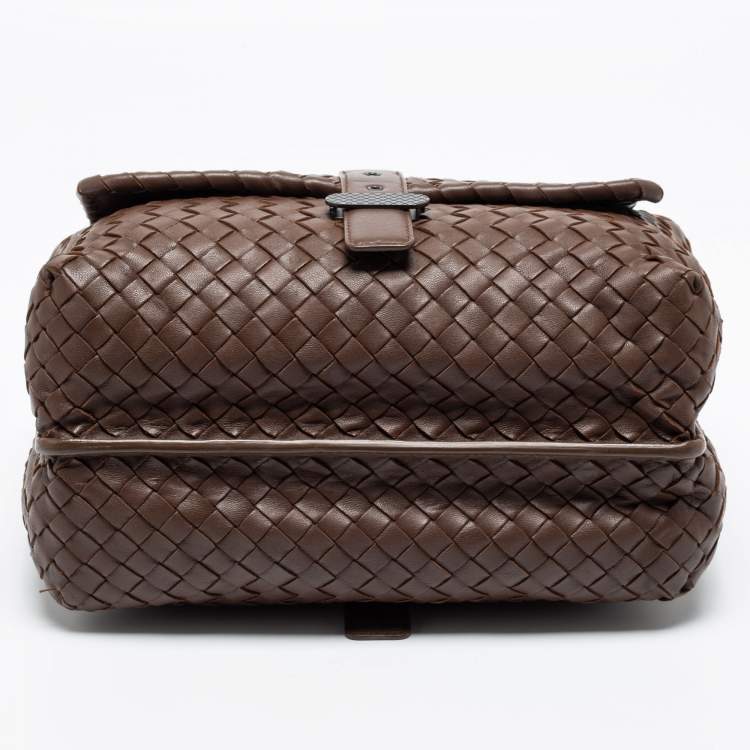 Pre Owned Bottega Veneta Brown Leather Intrecciato Double Sided Flap Shoulder Bag