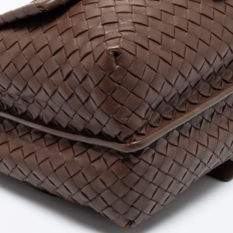 Pre Owned Bottega Veneta Brown Leather Intrecciato Double Sided Flap Shoulder Bag