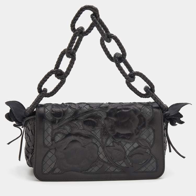 Pre Owned Bottega Veneta Black Intrecciato Leather Limited Edition 097/150 Floral Applique Sienna Bag