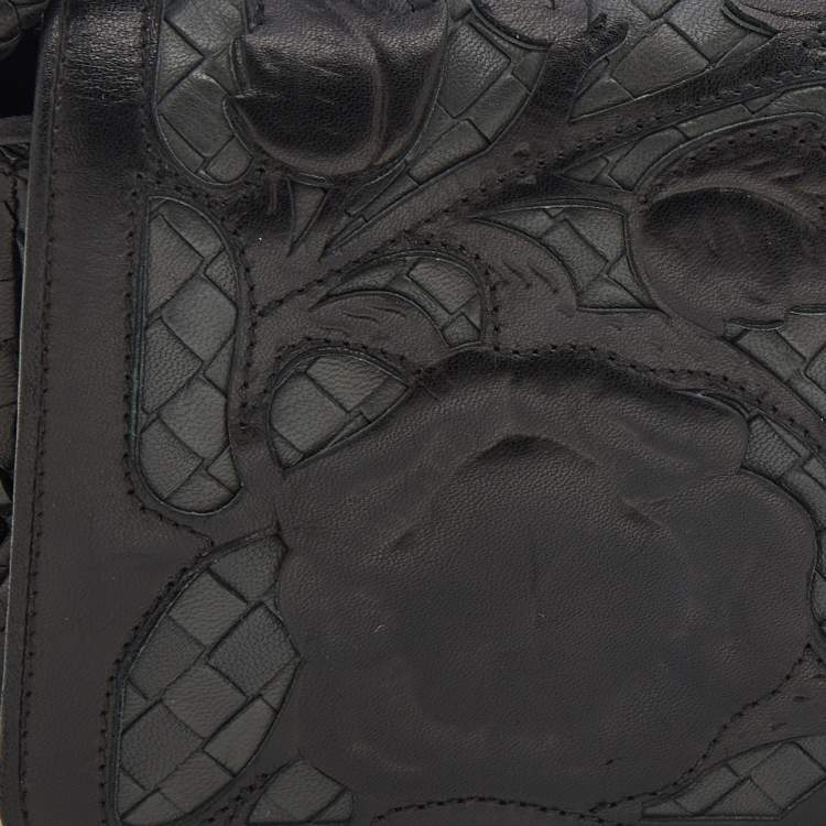 Pre Owned Bottega Veneta Black Intrecciato Leather Limited Edition 097/150 Floral Applique Sienna Bag