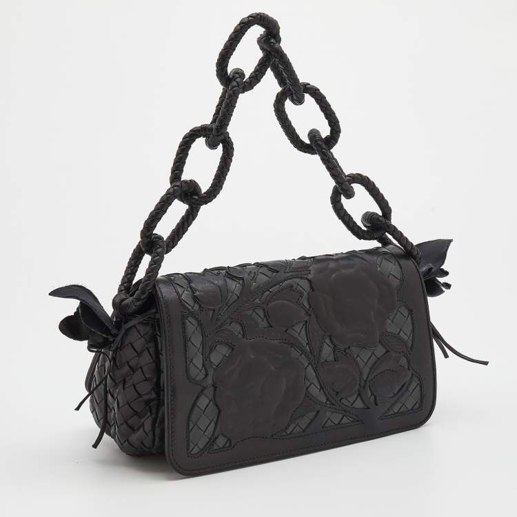 Pre Owned Bottega Veneta Black Intrecciato Leather Limited Edition 097/150 Floral Applique Sienna Bag