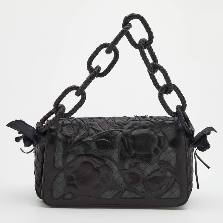 Pre Owned Bottega Veneta Black Intrecciato Leather Limited Edition 097/150 Floral Applique Sienna Bag