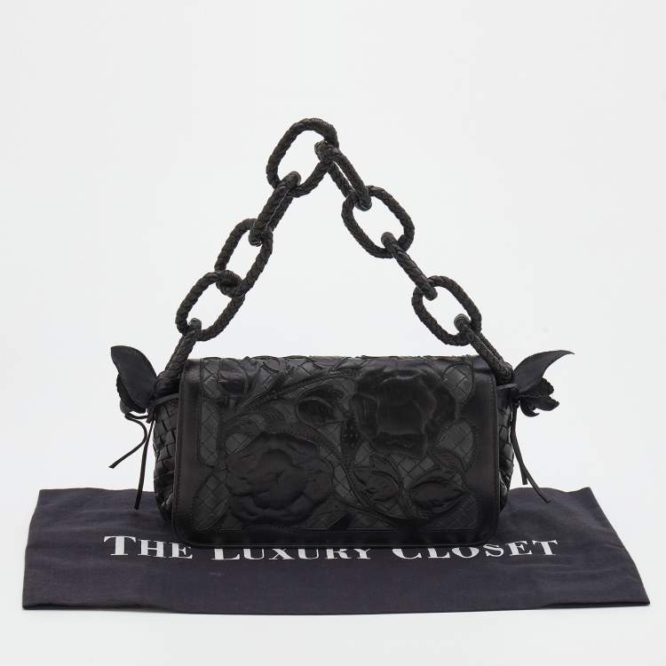 Pre Owned Bottega Veneta Black Intrecciato Leather Limited Edition 097/150 Floral Applique Sienna Bag