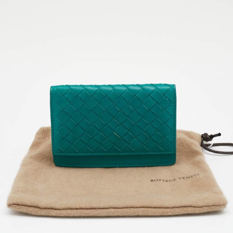 Pre Owned Bottega Veneta Green Intrecciato Leather Business Card Holder
