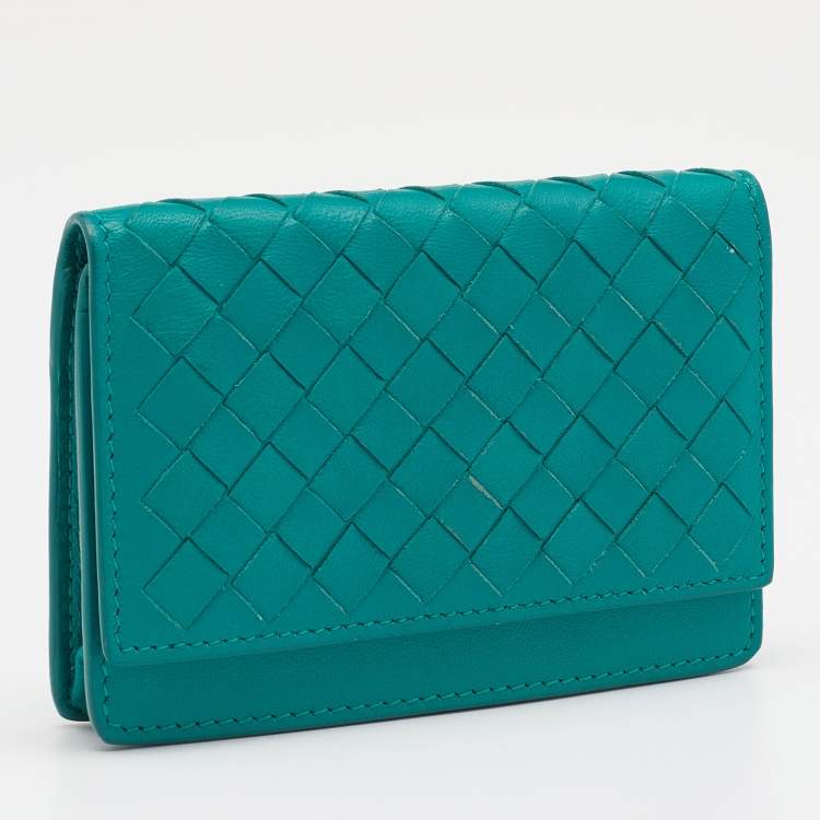 Pre Owned Bottega Veneta Green Intrecciato Leather Business Card Holder