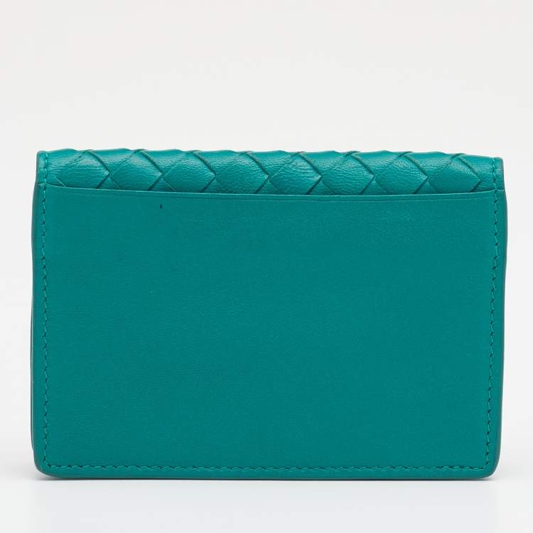 Pre Owned Bottega Veneta Green Intrecciato Leather Business Card Holder