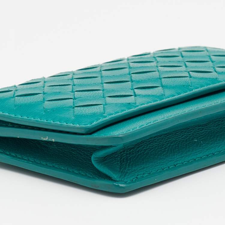 Pre Owned Bottega Veneta Green Intrecciato Leather Business Card Holder