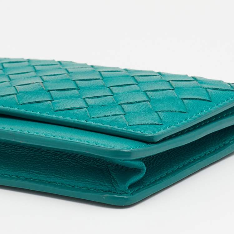 Pre Owned Bottega Veneta Green Intrecciato Leather Business Card Holder