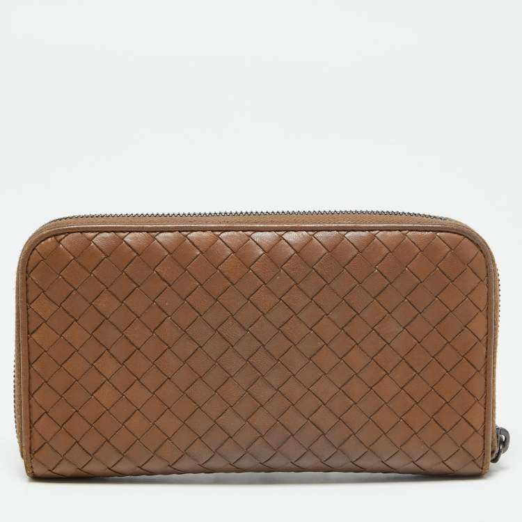 Pre Owned Bottega Veneta Brown Intrecciato Leather Zip Around Wallet