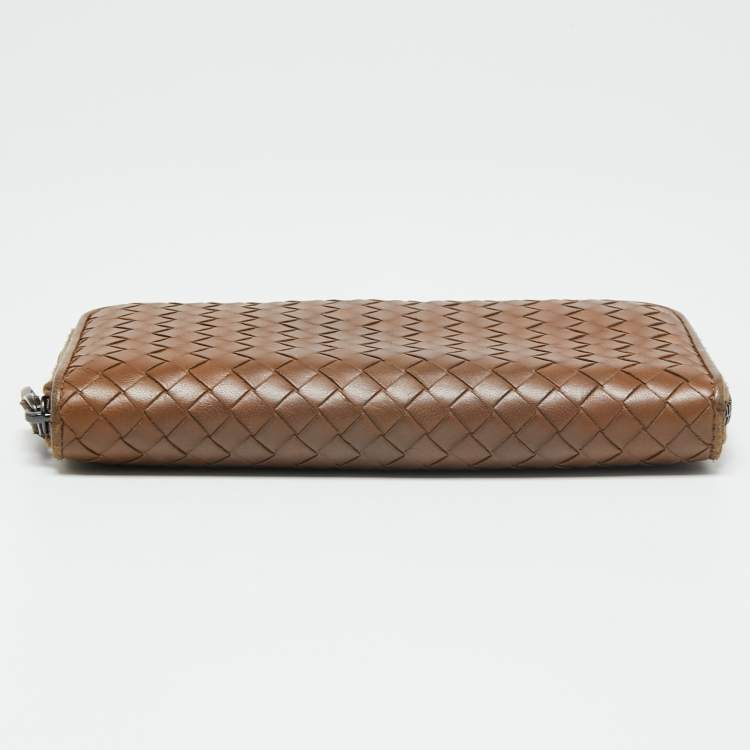 Pre Owned Bottega Veneta Brown Intrecciato Leather Zip Around Wallet