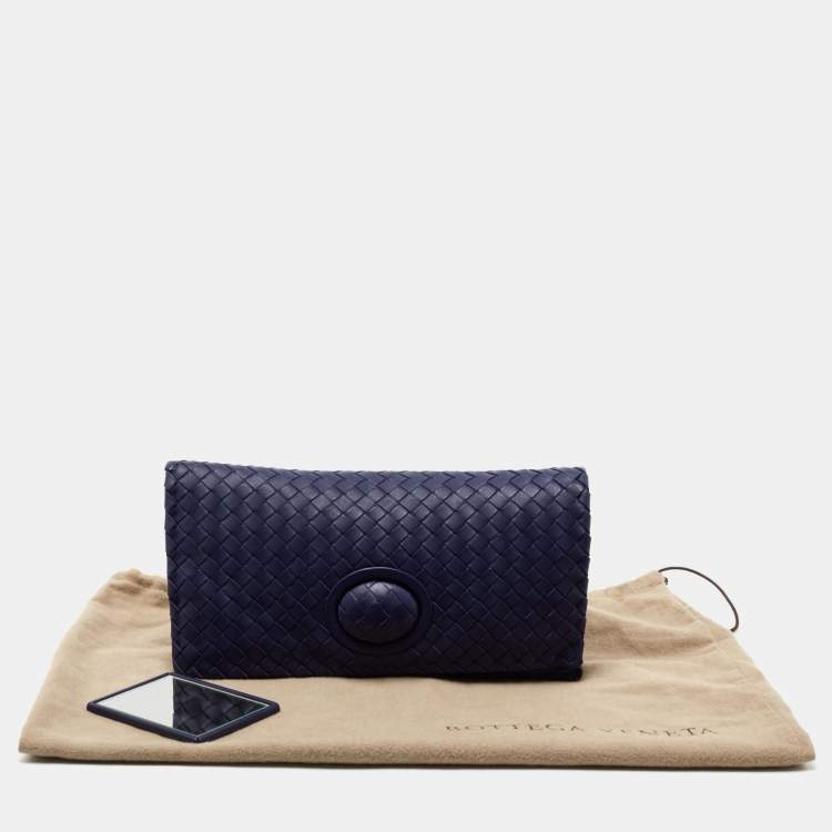 Pre Owned Bottega Veneta Dark Blue Intecciato Leather Clutch