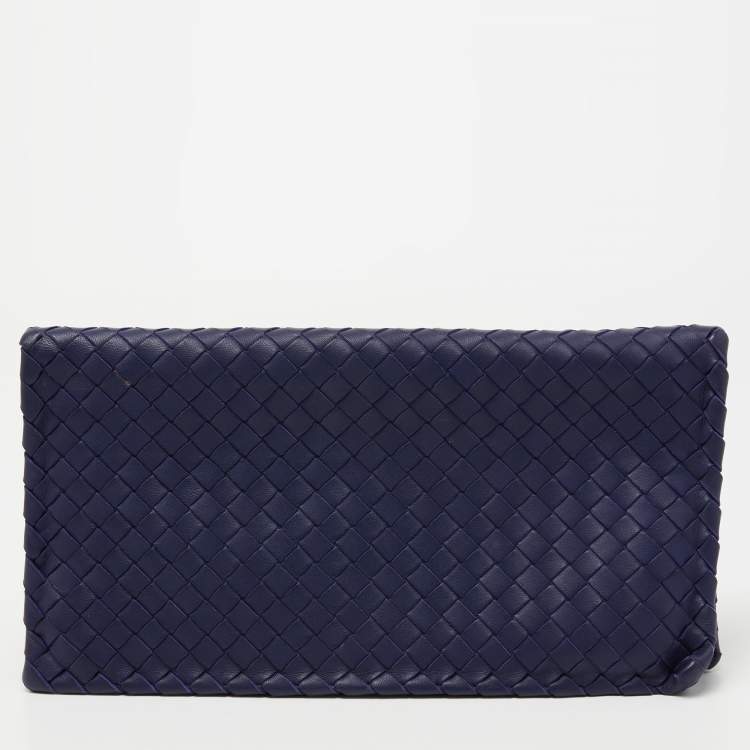 Pre Owned Bottega Veneta Dark Blue Intecciato Leather Clutch