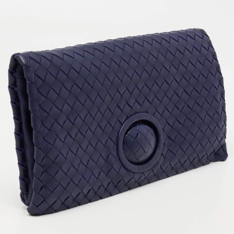 Pre Owned Bottega Veneta Dark Blue Intecciato Leather Clutch