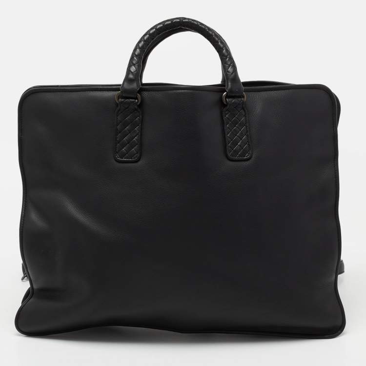 Pre Owned Bottega Veneta Black Intrecciato Leather Middle Zip Briefcase