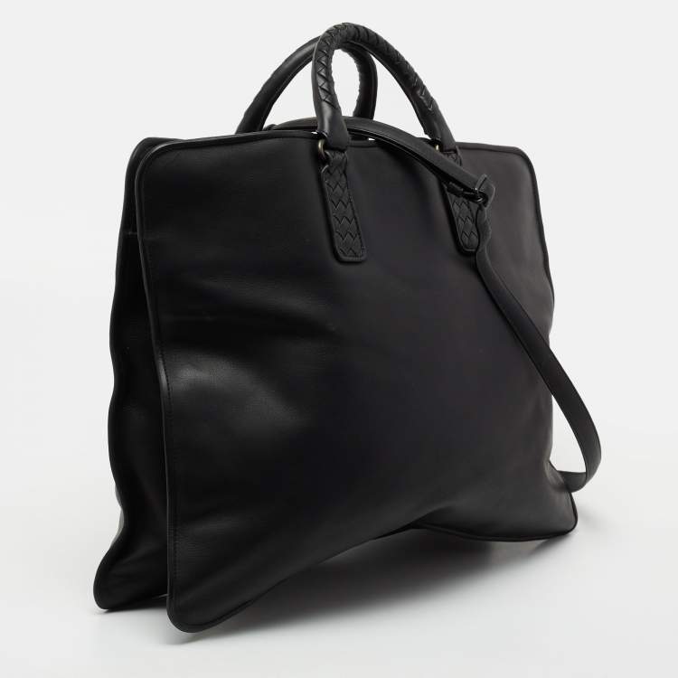 Pre Owned Bottega Veneta Black Intrecciato Leather Middle Zip Briefcase