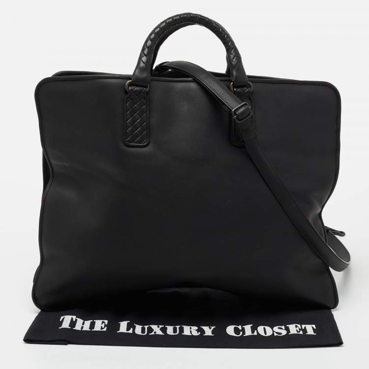 Pre Owned Bottega Veneta Black Intrecciato Leather Middle Zip Briefcase