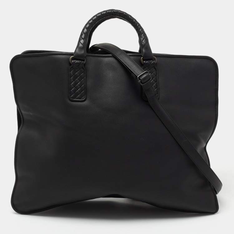 Pre Owned Bottega Veneta Black Intrecciato Leather Middle Zip Briefcase