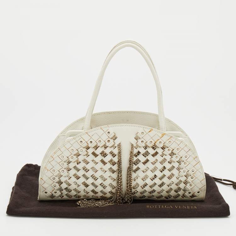 Pre Owned Bottega Veneta White Intrecciato Leather Top Handle Bag