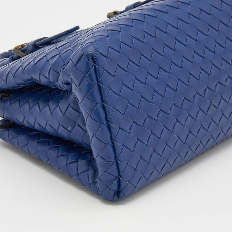 Pre Owned Bottega Veneta Blue Intrecciato Leather Mini Roma Tote
