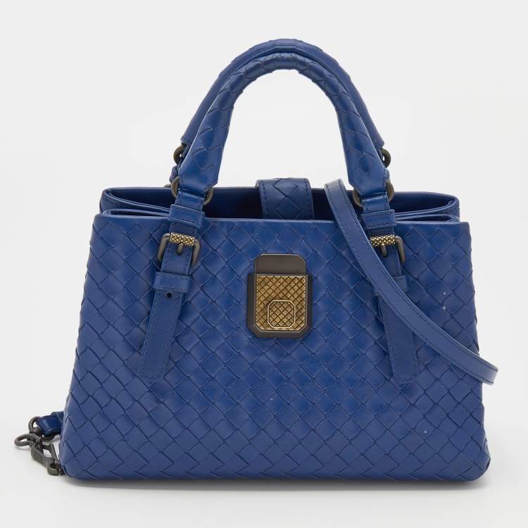 Pre Owned Bottega Veneta Blue Intrecciato Leather Mini Roma Tote