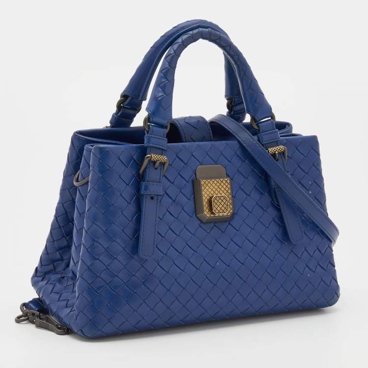 Pre Owned Bottega Veneta Blue Intrecciato Leather Mini Roma Tote