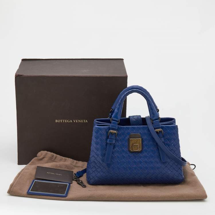 Pre Owned Bottega Veneta Blue Intrecciato Leather Mini Roma Tote