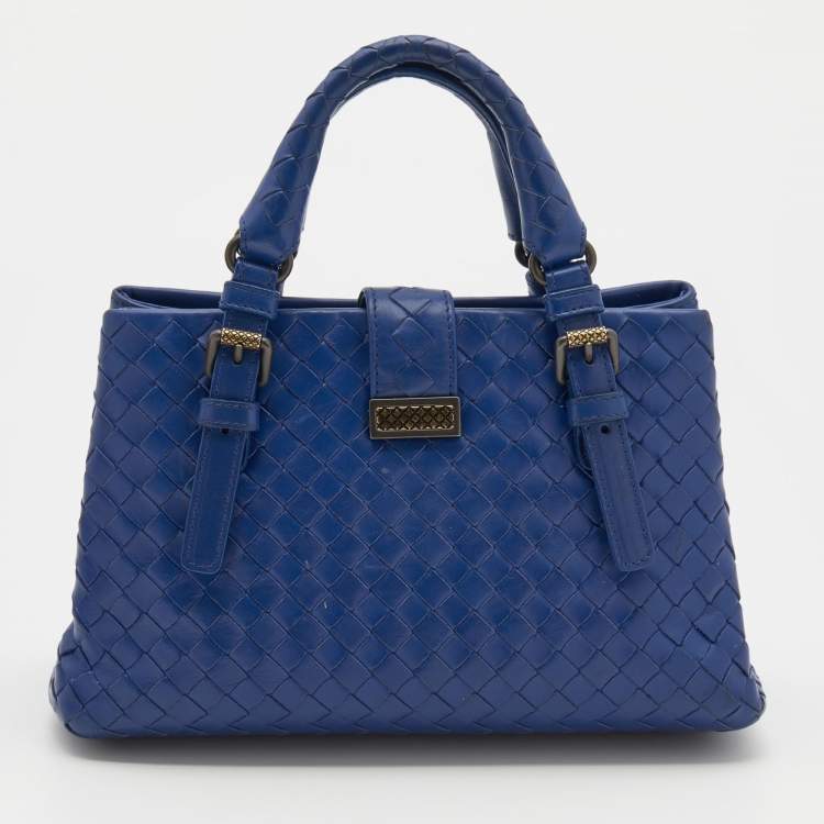 Pre Owned Bottega Veneta Blue Intrecciato Leather Mini Roma Tote