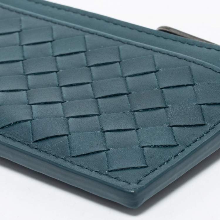 Pre Owned Bottega Veneta Teal Intrecciato Leather Zip Card Holder