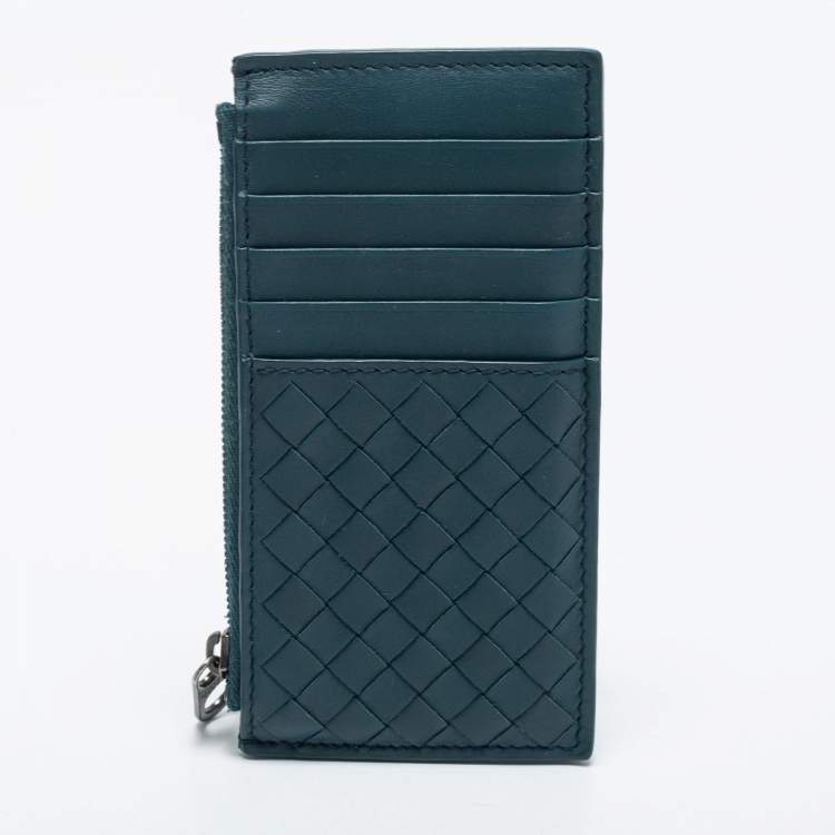 Pre Owned Bottega Veneta Teal Intrecciato Leather Zip Card Holder