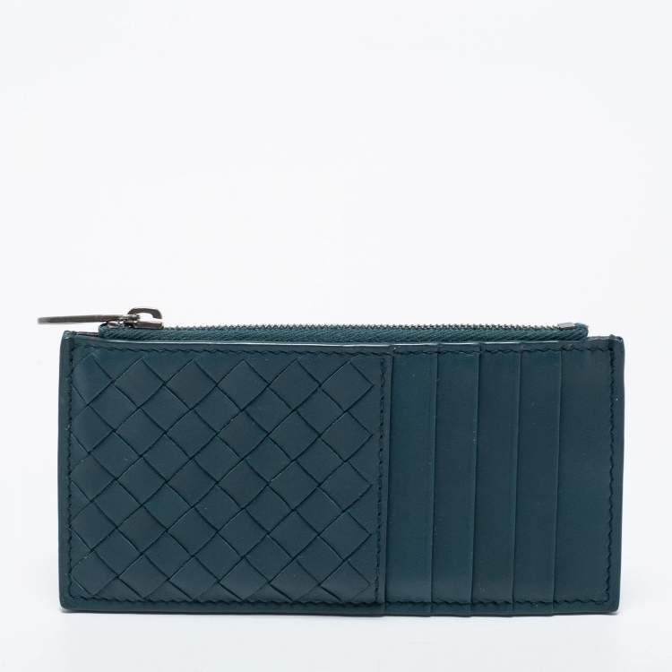 Pre Owned Bottega Veneta Teal Intrecciato Leather Zip Card Holder