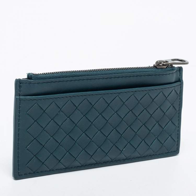 Pre Owned Bottega Veneta Teal Intrecciato Leather Zip Card Holder
