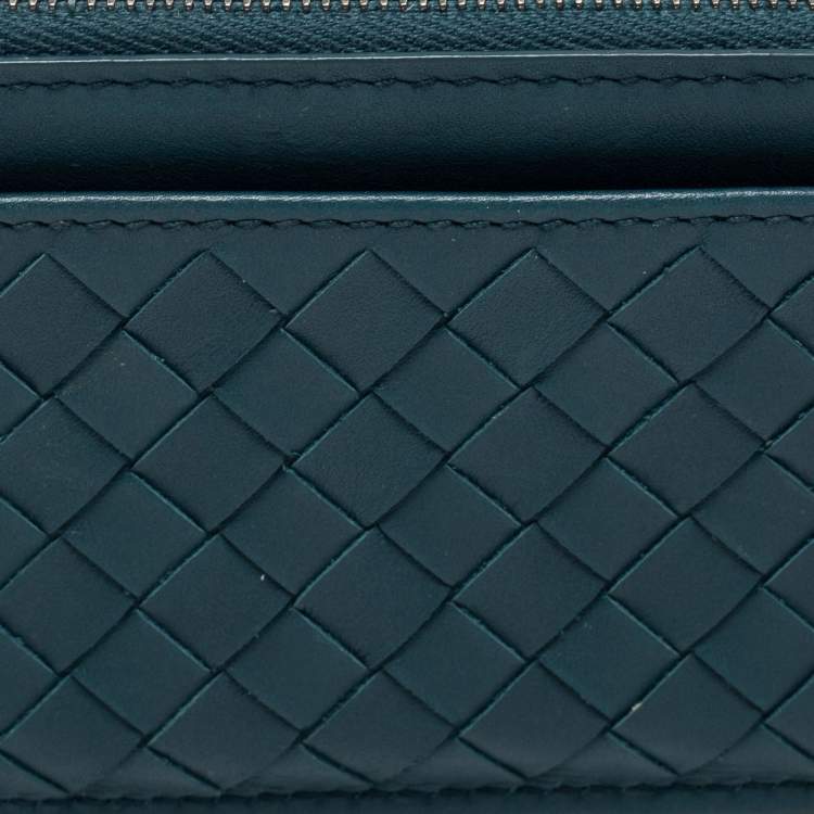 Pre Owned Bottega Veneta Teal Intrecciato Leather Zip Card Holder