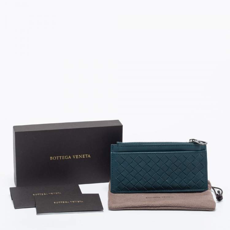 Pre Owned Bottega Veneta Teal Intrecciato Leather Zip Card Holder