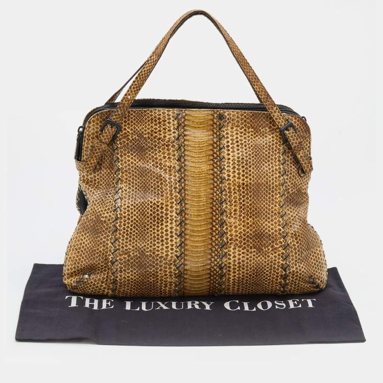 Pre Owned Bottega Veneta Beige Watersnake Double Zip Satchel