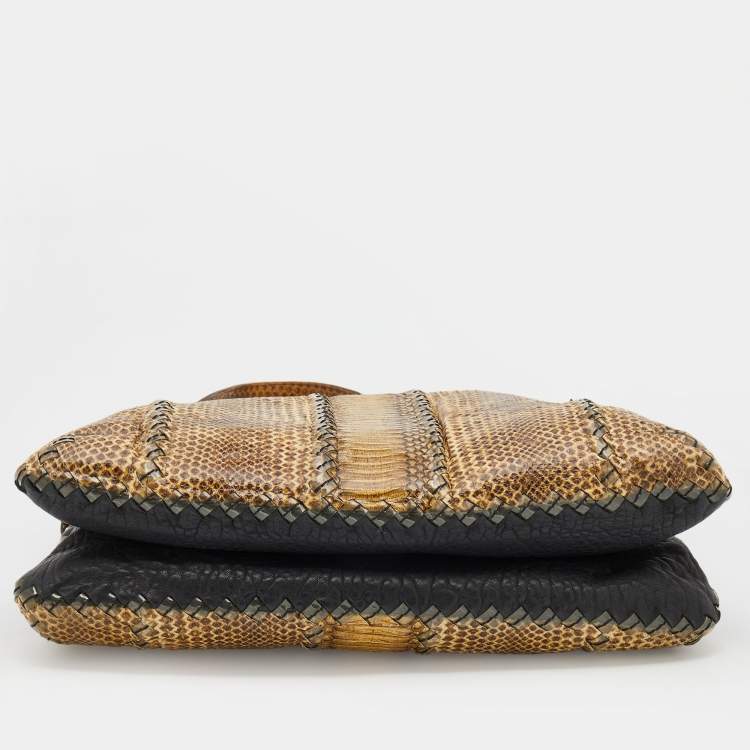 Pre Owned Bottega Veneta Beige Watersnake Double Zip Satchel