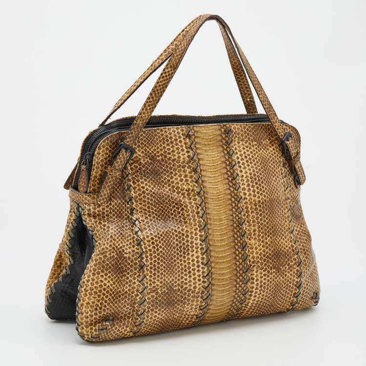 Pre Owned Bottega Veneta Beige Watersnake Double Zip Satchel