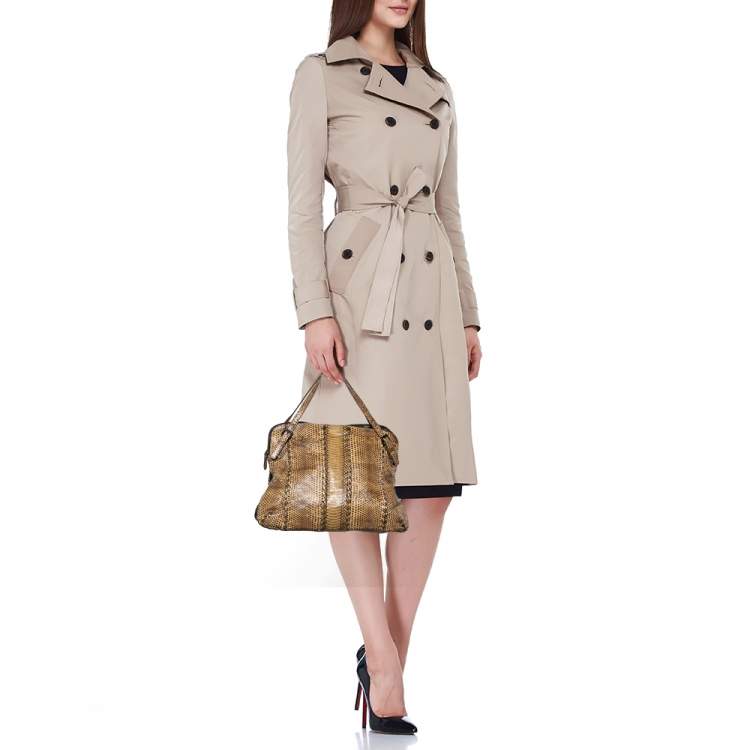 Pre Owned Bottega Veneta Beige Watersnake Double Zip Satchel