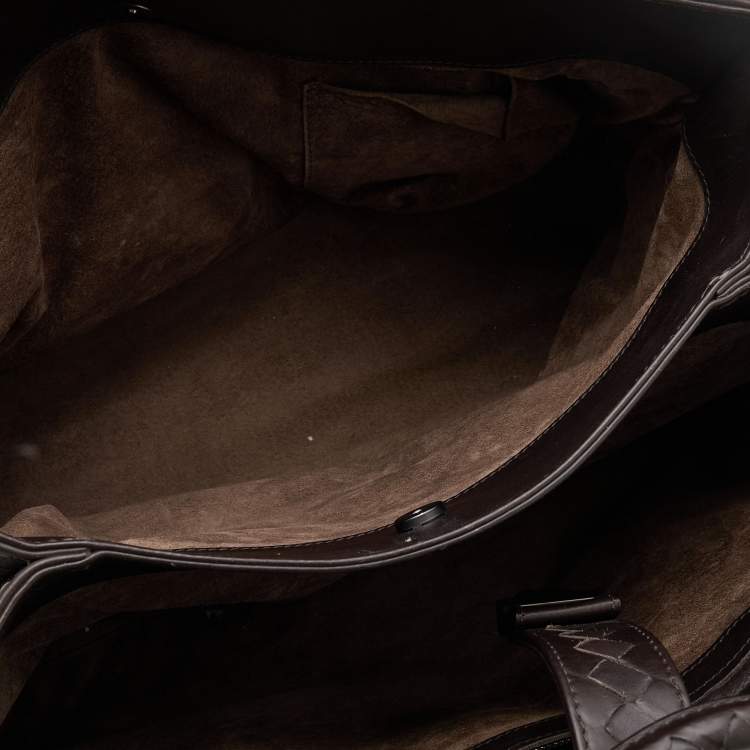 Pre Owned Bottega Veneta Dark Choco Intrecciato Leather Large Roma Tote