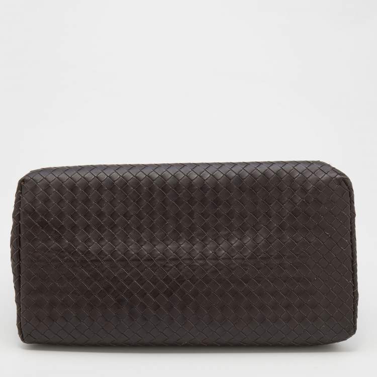 Pre Owned Bottega Veneta Dark Choco Intrecciato Leather Large Roma Tote