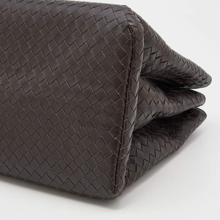 Pre Owned Bottega Veneta Dark Choco Intrecciato Leather Large Roma Tote