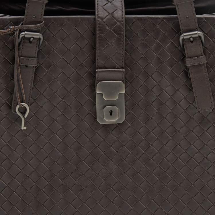 Pre Owned Bottega Veneta Dark Choco Intrecciato Leather Large Roma Tote