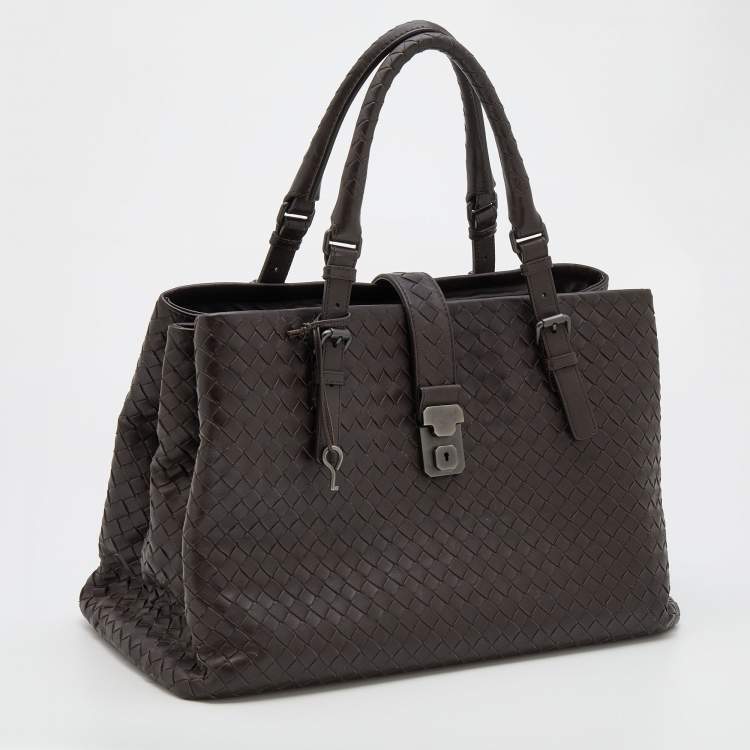 Pre Owned Bottega Veneta Dark Choco Intrecciato Leather Large Roma Tote