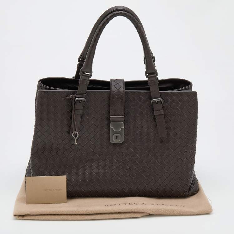 Pre Owned Bottega Veneta Dark Choco Intrecciato Leather Large Roma Tote