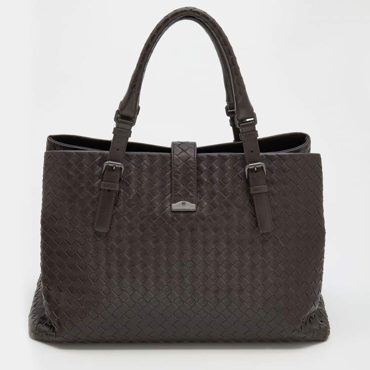 Pre Owned Bottega Veneta Dark Choco Intrecciato Leather Large Roma Tote