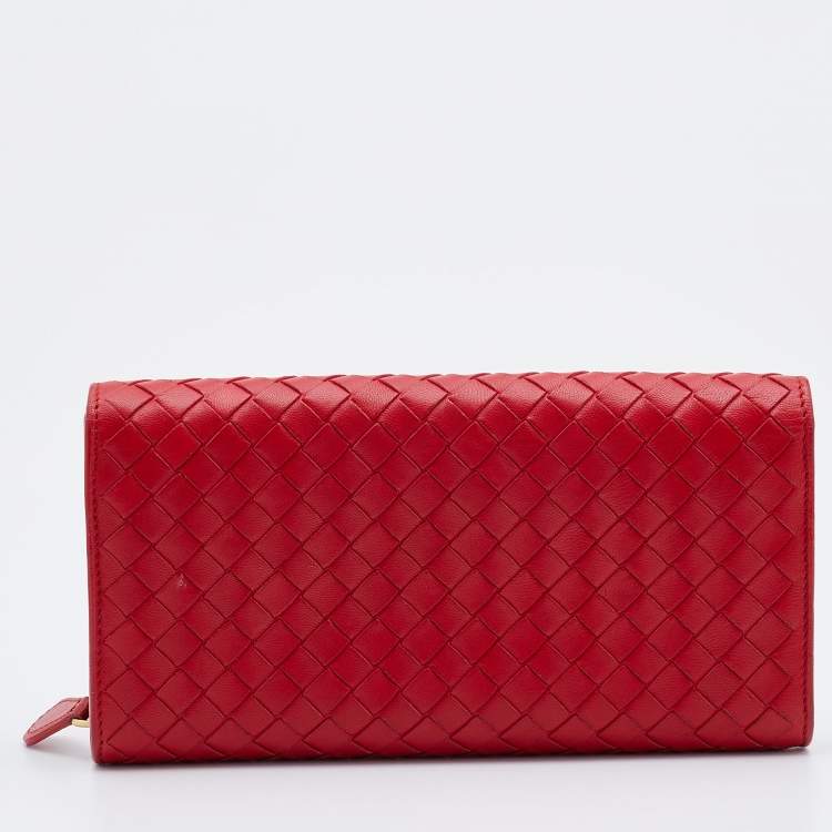 Pre Owned Bottega Veneta Red Intrecciato Leather Continental Flap Wallet